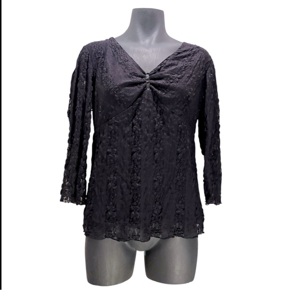 b.i.y.a.y.c.d.a. Black Ruched 3/4 Sleeve Lace and Sequined Blouse - Picture 1 of 13